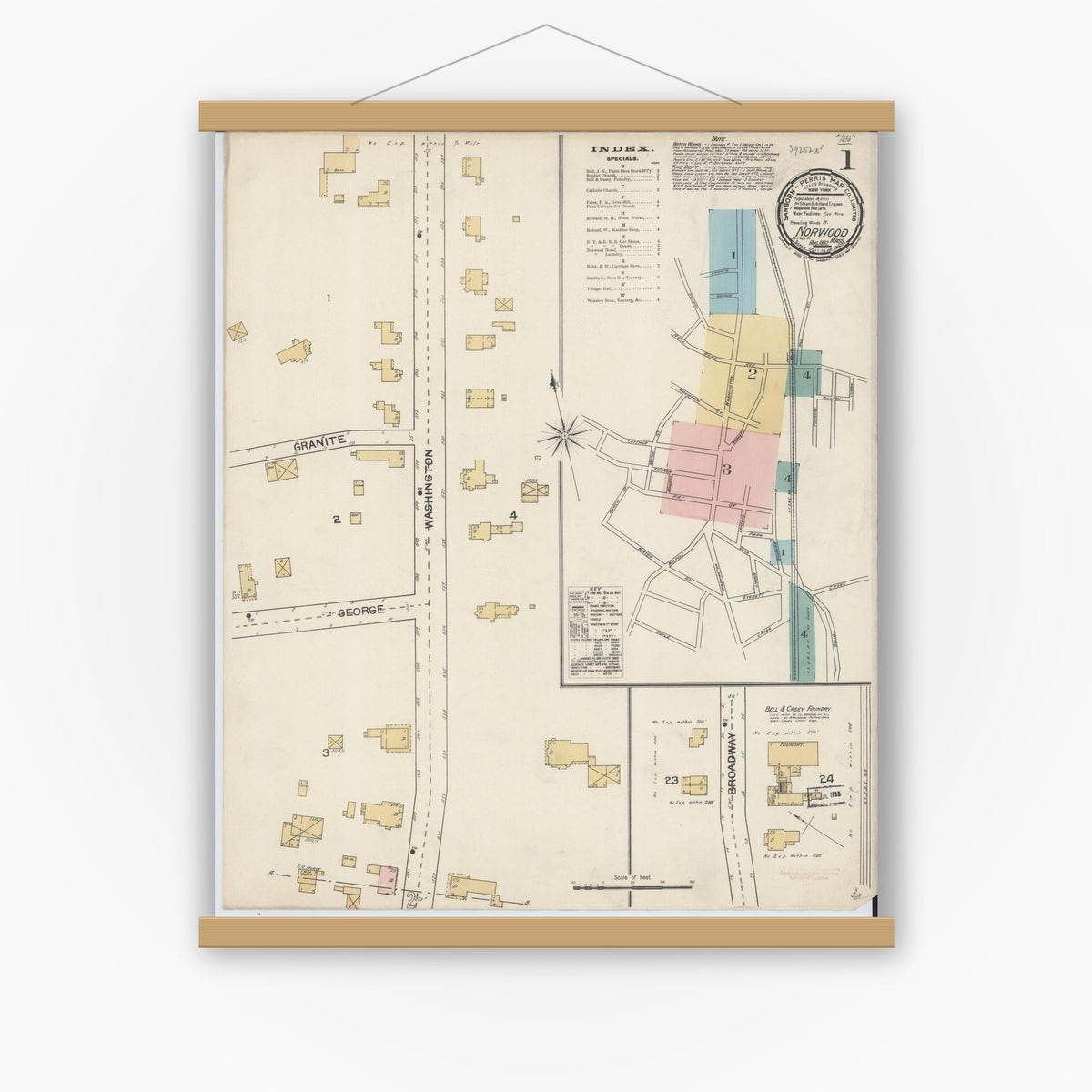 Old map wall art mockup — magnetic wood frame on white wall — Sanborn Fire Insurance Map from Norwood, Norfolk County, Massachusetts (1892) - Complete Map Set