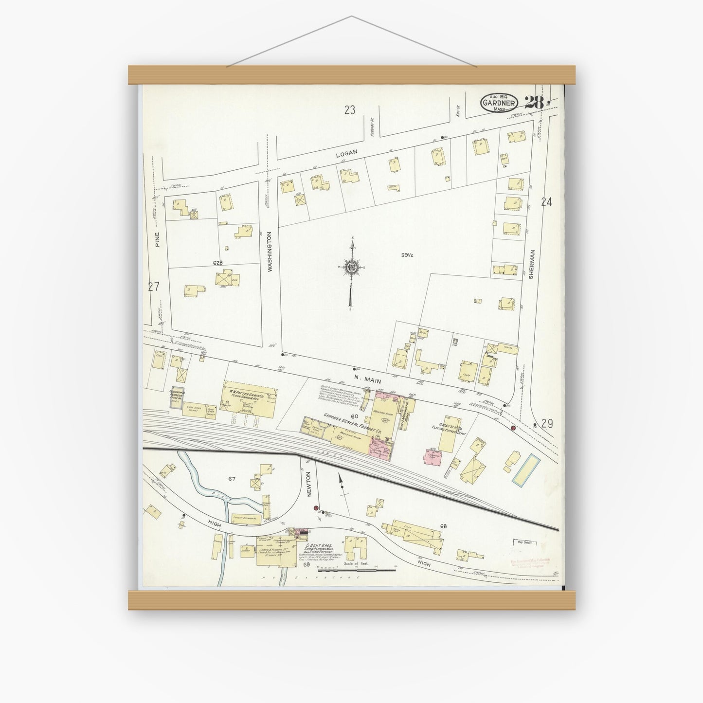 Old map wall art mockup — magnetic wood frame on white wall — Sanborn Fire Insurance Map from Gardner, Worcester County, Massachusetts (1914), Sheet #0028
