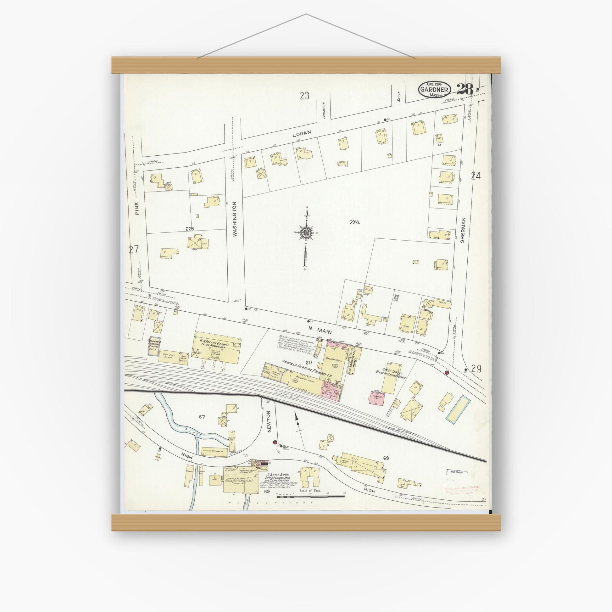 Old map wall art mockup — magnetic wood frame on white wall — Sanborn Fire Insurance Map from Gardner, Worcester County, Massachusetts (1914), Sheet #0028