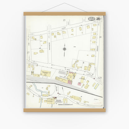 Old map wall art mockup — magnetic wood frame on white wall — Sanborn Fire Insurance Map from Gardner, Worcester County, Massachusetts (1914), Sheet #0028