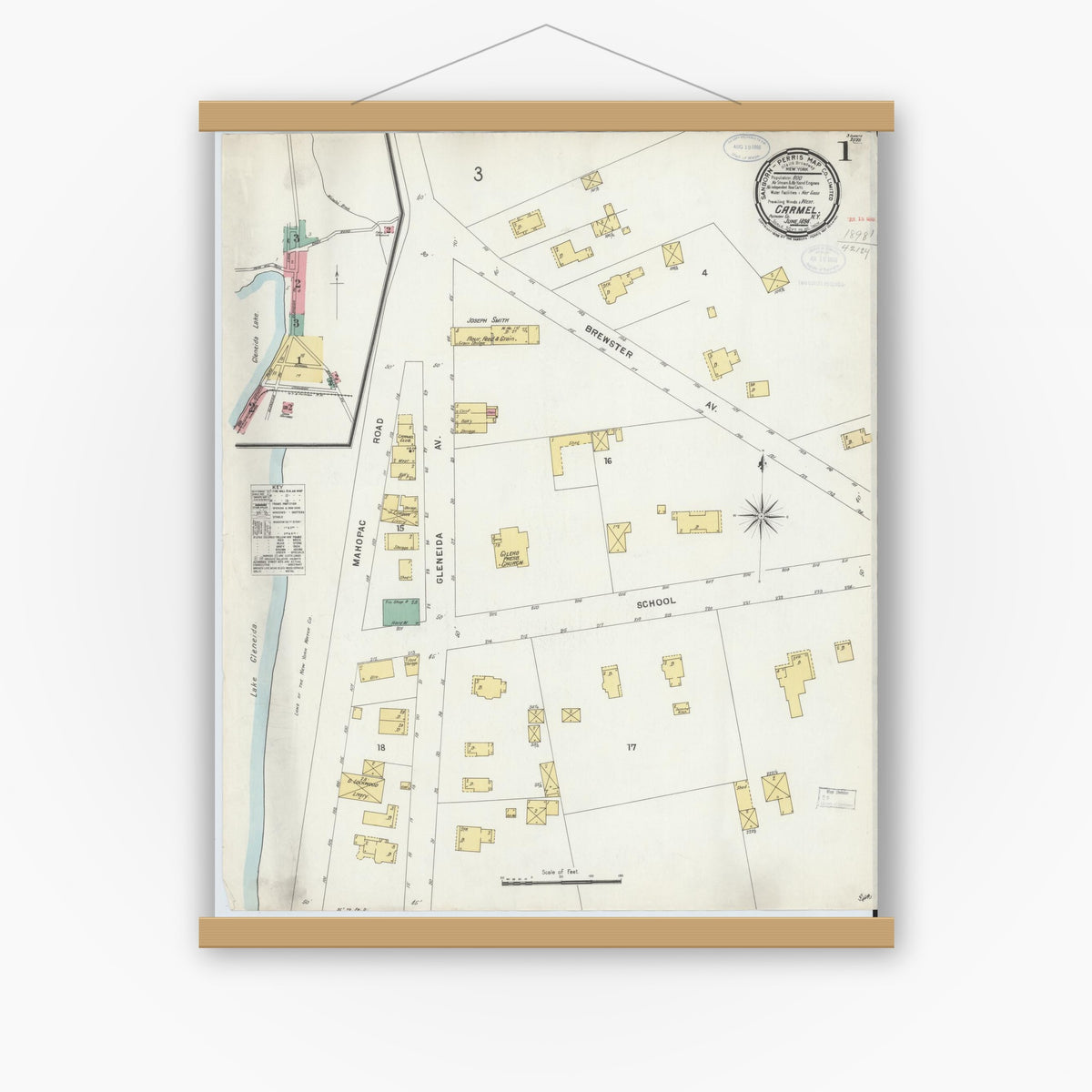 Old map wall art mockup — magnetic wood frame on white wall — Sanborn Fire Insurance Map from Carmel, Putnam County, New York (1898) - Complete Map Set
