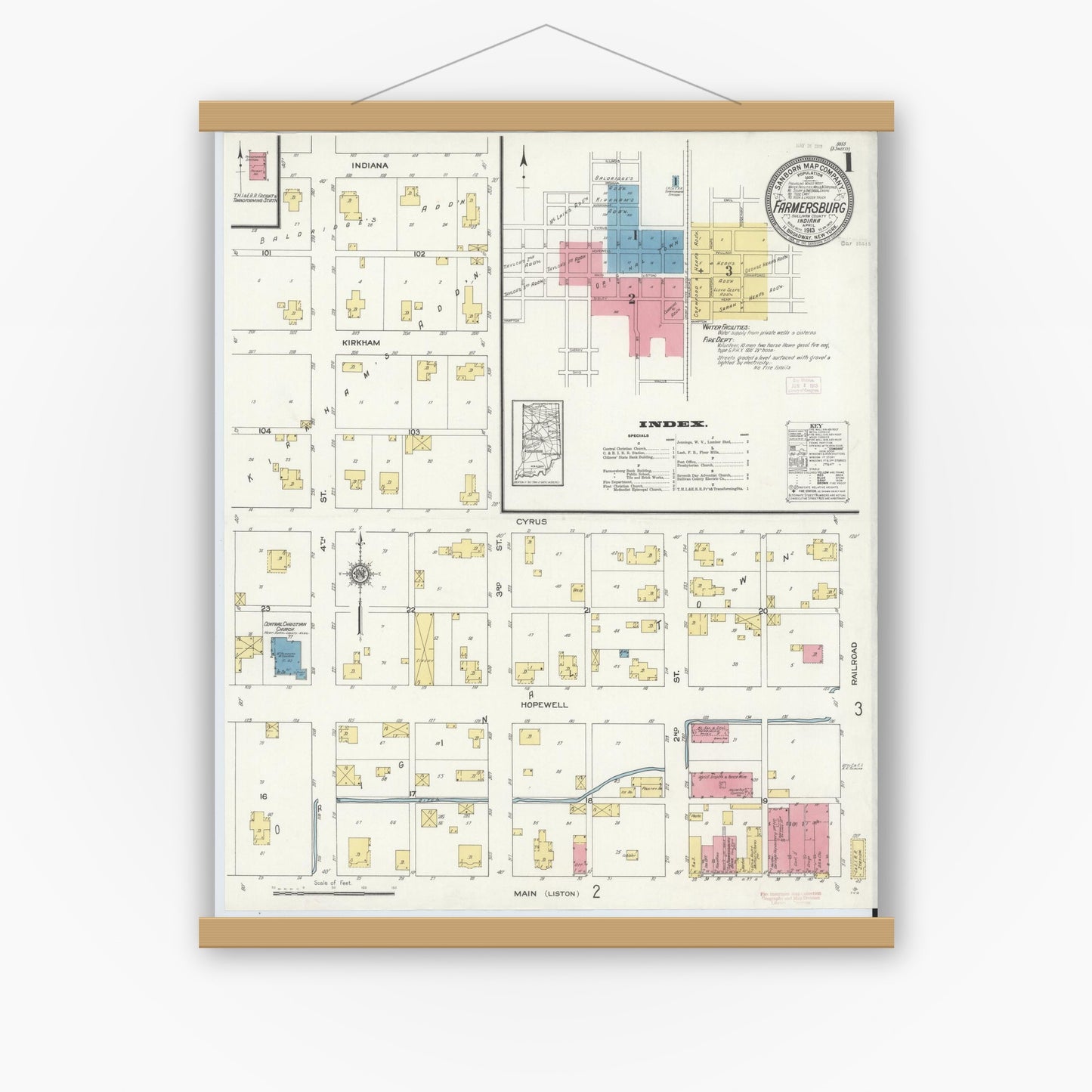 Old map wall art mockup — magnetic wood frame on white wall — Sanborn Fire Insurance Map from Farmersburg, Sullivan County, Indiana (1913) - Complete Map Set