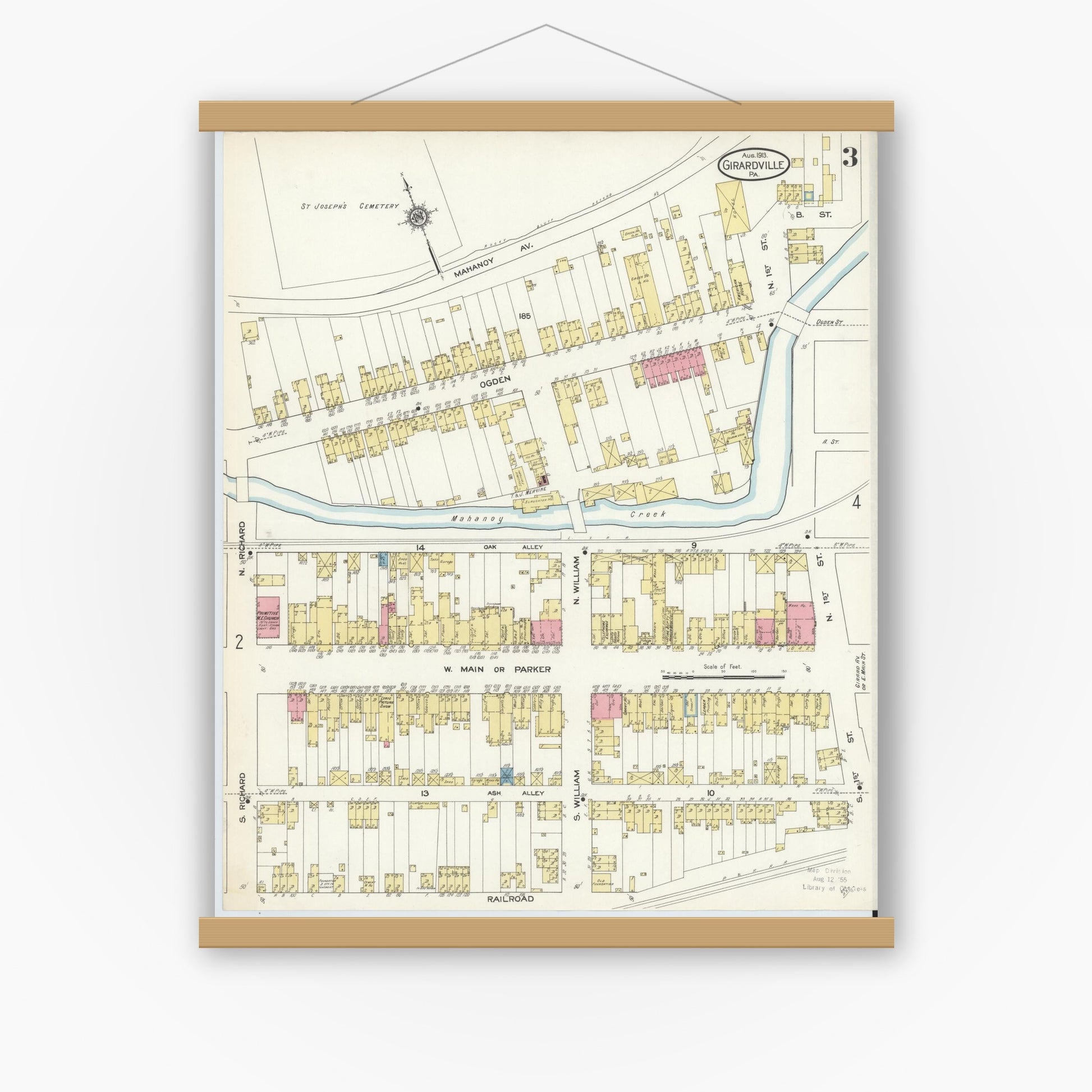 Old map wall art mockup — magnetic wood frame on white wall — Sanborn Fire Insurance Map from Girardsville, Schuylkill County, Pennsylvania (1913), Sheet #0003