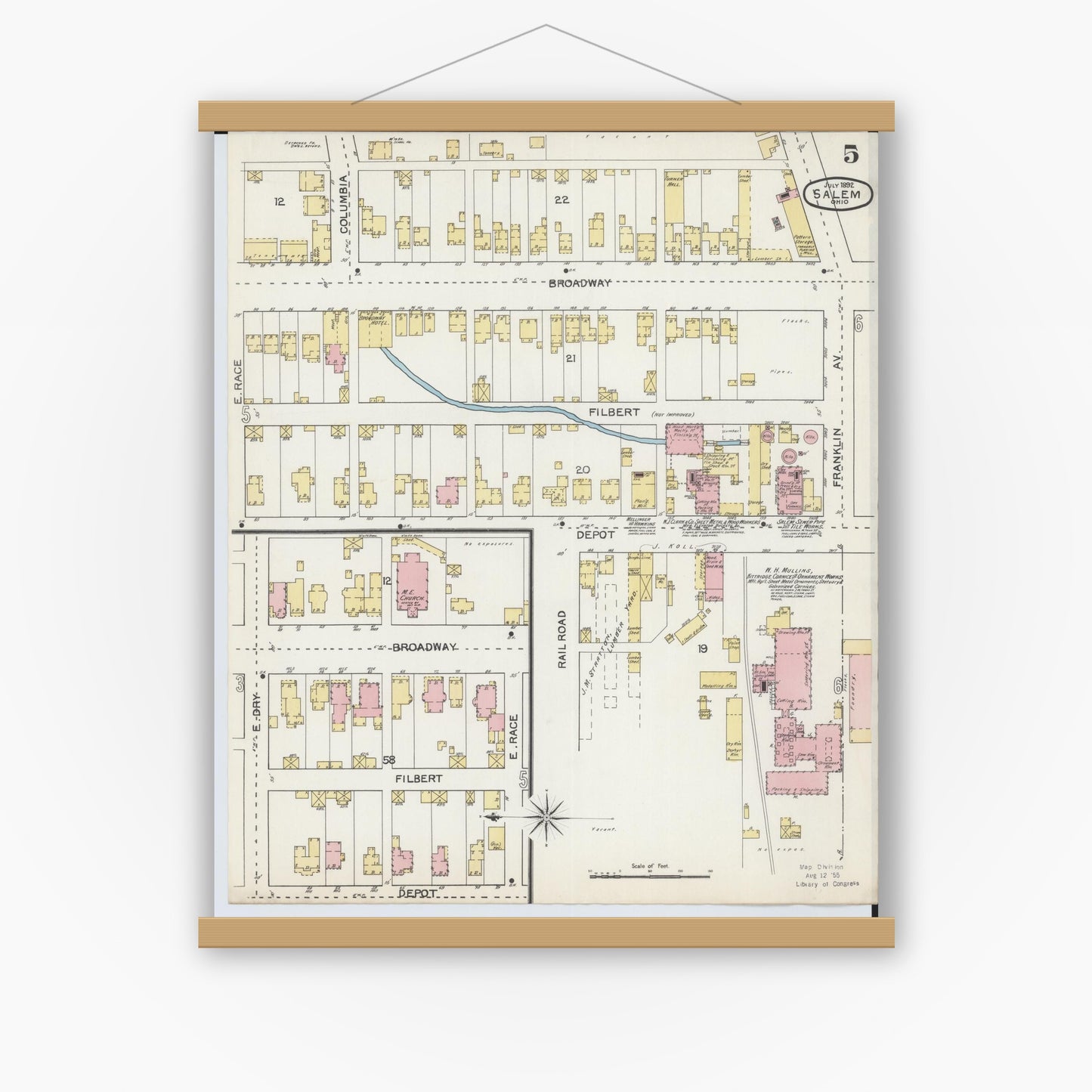 Old map wall art mockup — magnetic wood frame on white wall — Sanborn Fire Insurance Map from Salem, Columbiana County, Ohio (1892), Sheet #0005