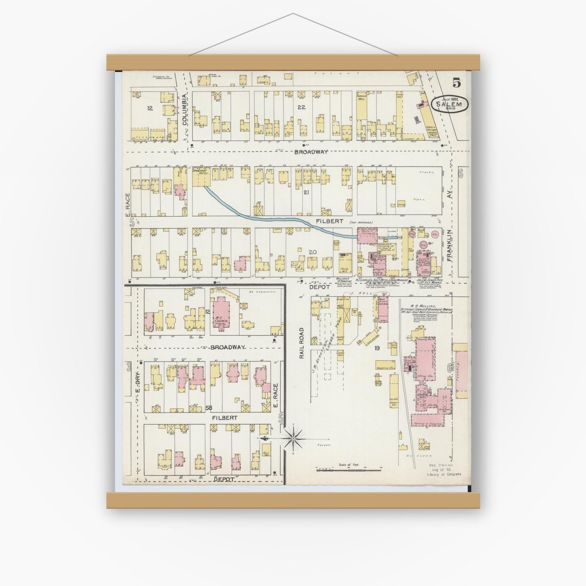Old map wall art mockup — magnetic wood frame on white wall — Sanborn Fire Insurance Map from Salem, Columbiana County, Ohio (1892), Sheet #0005