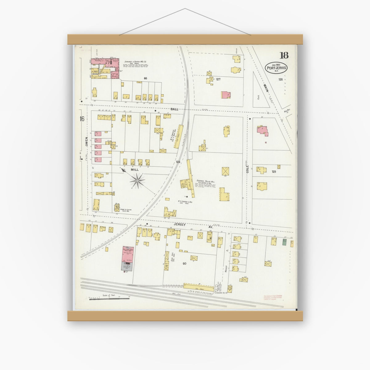 Old map wall art mockup — magnetic wood frame on white wall — Sanborn Fire Insurance Map from Port Jervis, Orange County, New York (1900), Sheet #0018