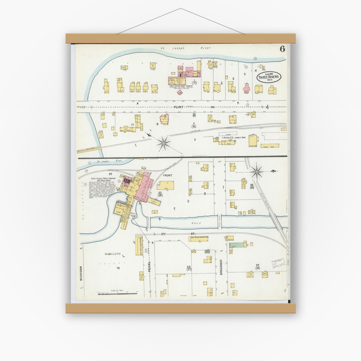 Old map wall art mockup — magnetic wood frame on white wall — Sanborn Fire Insurance Map from Three Rivers, Saint Joseph County, Michigan (1899), Sheet #0006