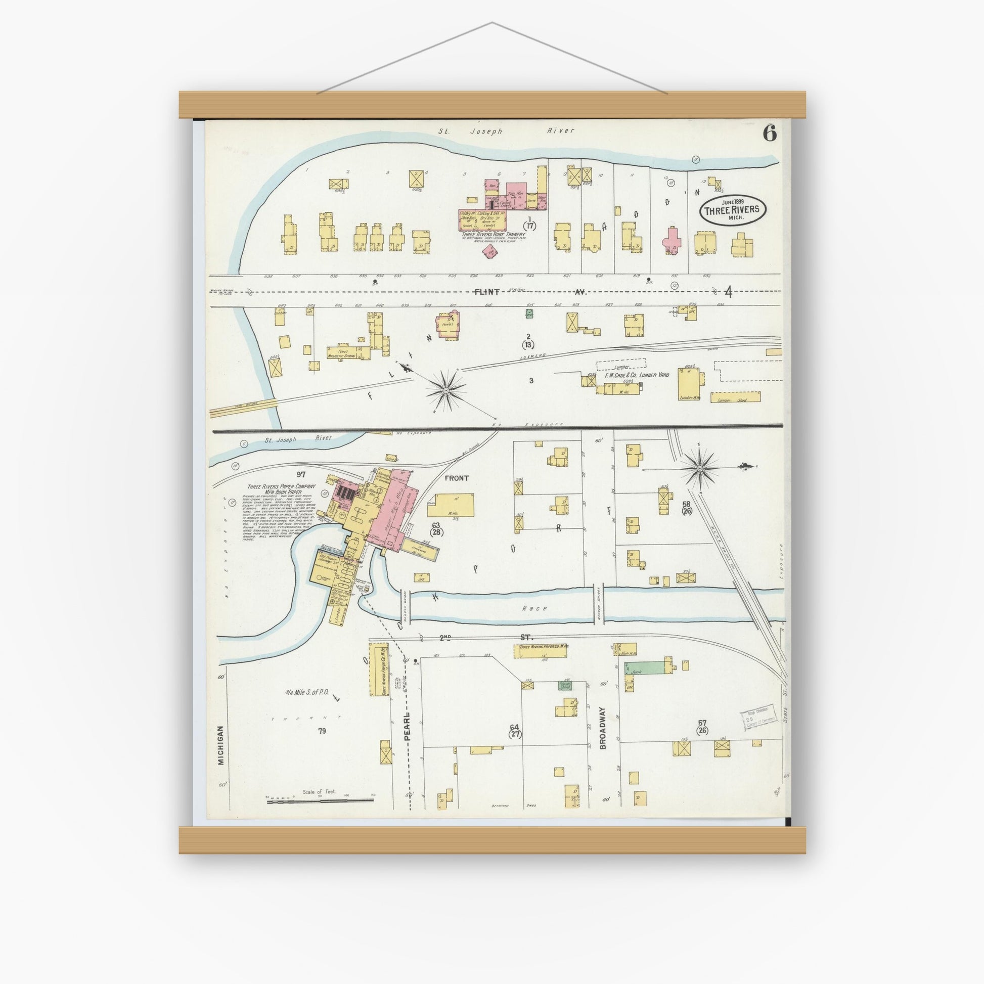 Old map wall art mockup — magnetic wood frame on white wall — Sanborn Fire Insurance Map from Three Rivers, Saint Joseph County, Michigan (1899), Sheet #0006