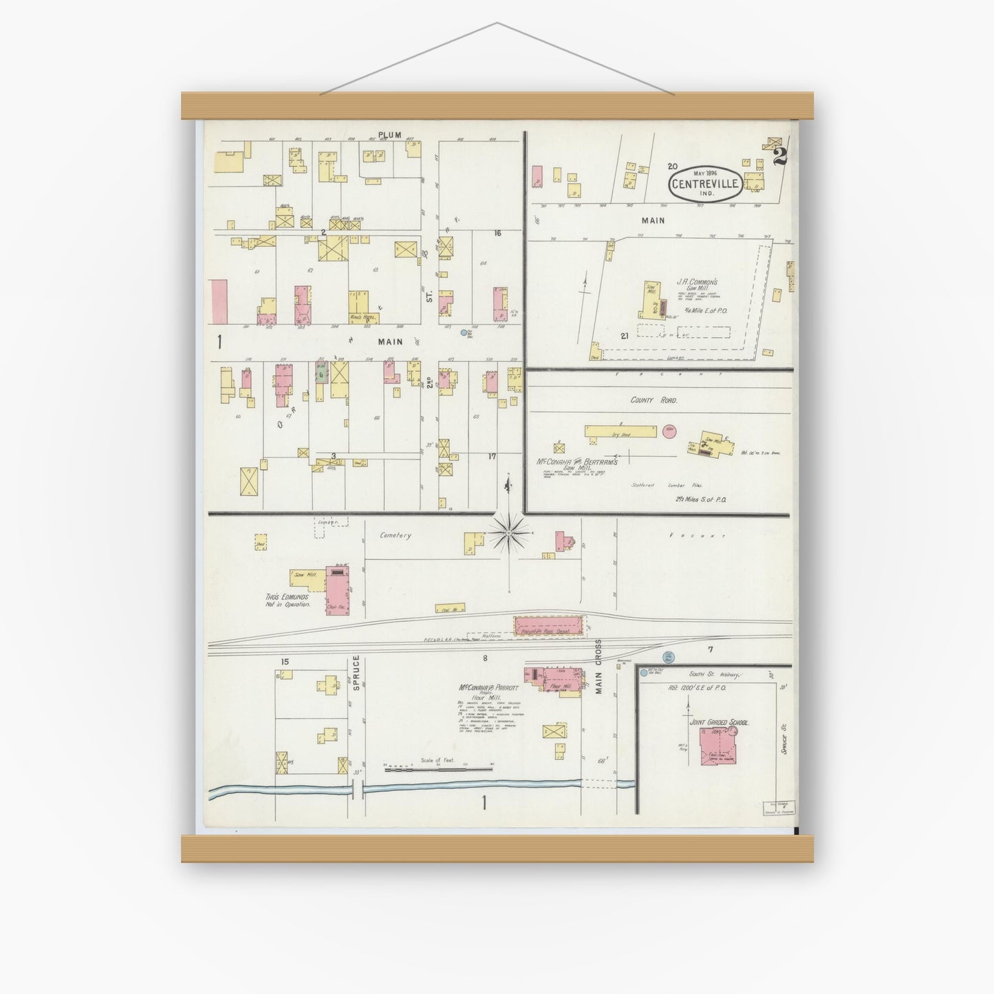 Old map wall art mockup — magnetic wood frame on white wall — Sanborn Fire Insurance Map from Centerville, Wayne County, Indiana (1896), Sheet #0002