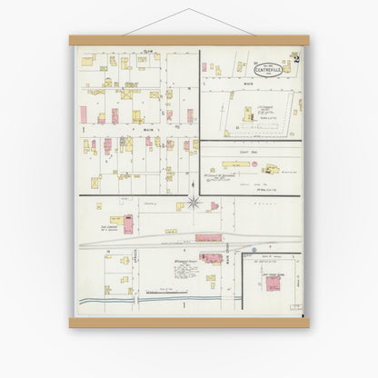 Old map wall art mockup — magnetic wood frame on white wall — Sanborn Fire Insurance Map from Centerville, Wayne County, Indiana (1896), Sheet #0002