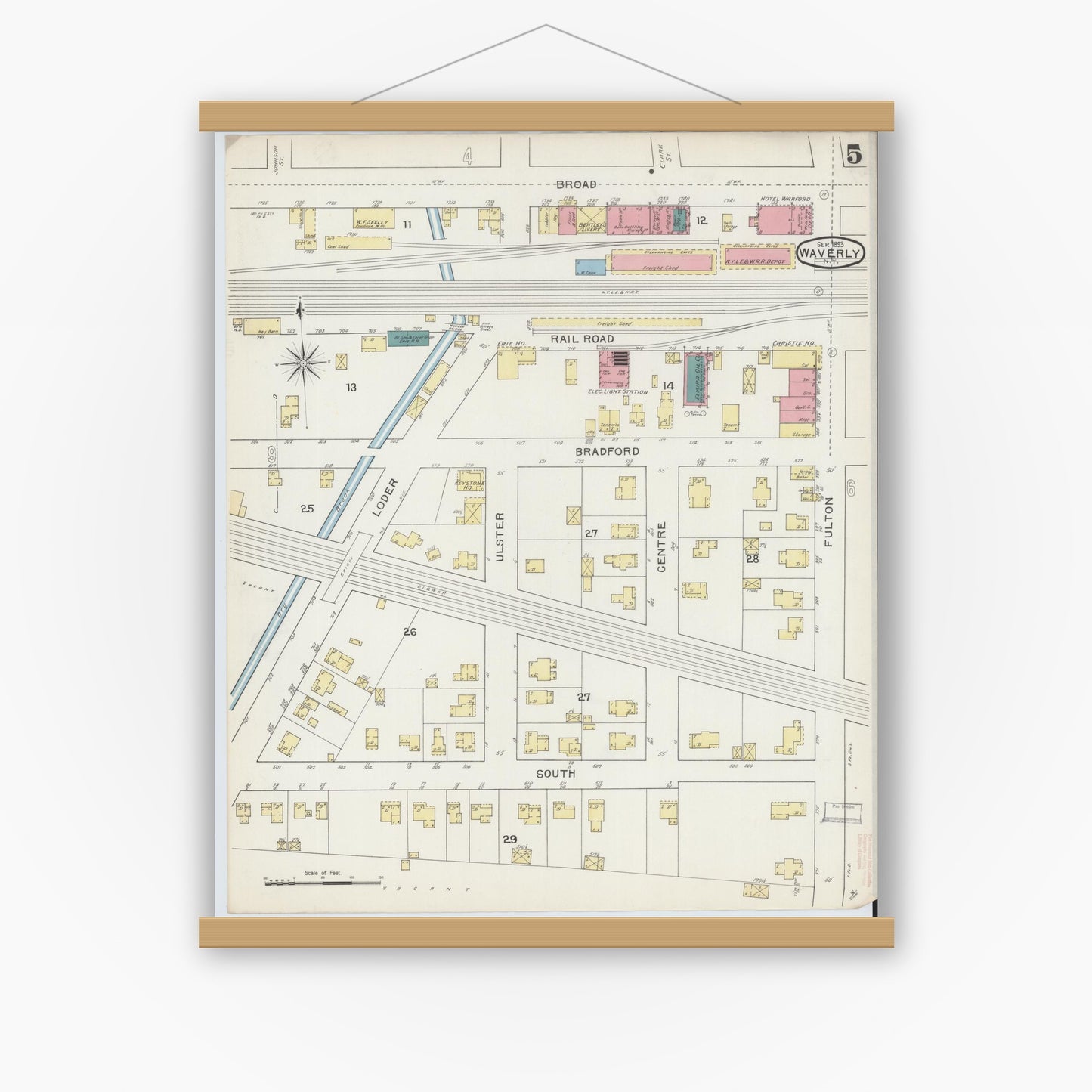 Old map wall art mockup — magnetic wood frame on white wall — Sanborn Fire Insurance Map from Waverly, Tioga County, New York (1893), Sheet #0005