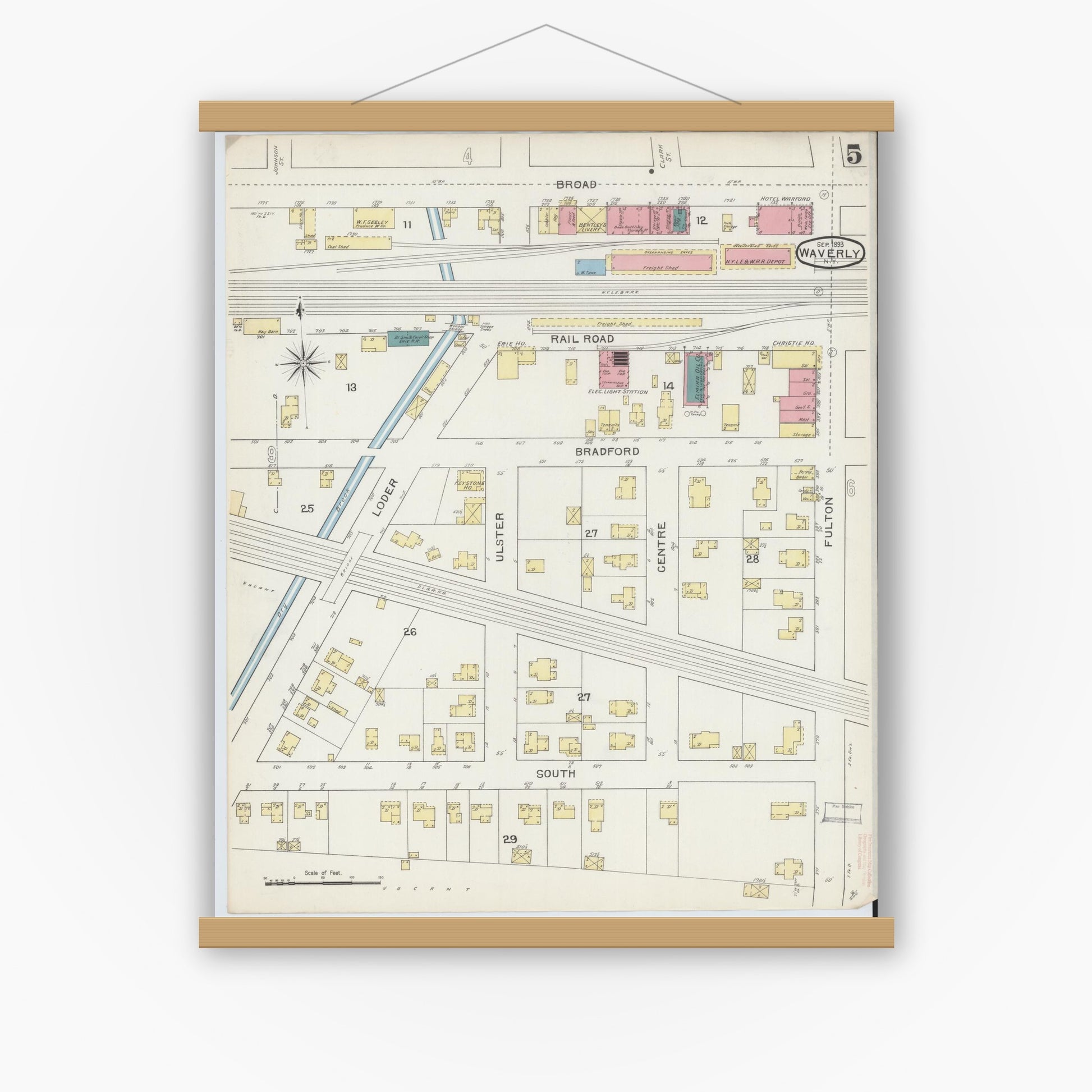 Old map wall art mockup — magnetic wood frame on white wall — Sanborn Fire Insurance Map from Waverly, Tioga County, New York (1893), Sheet #0005