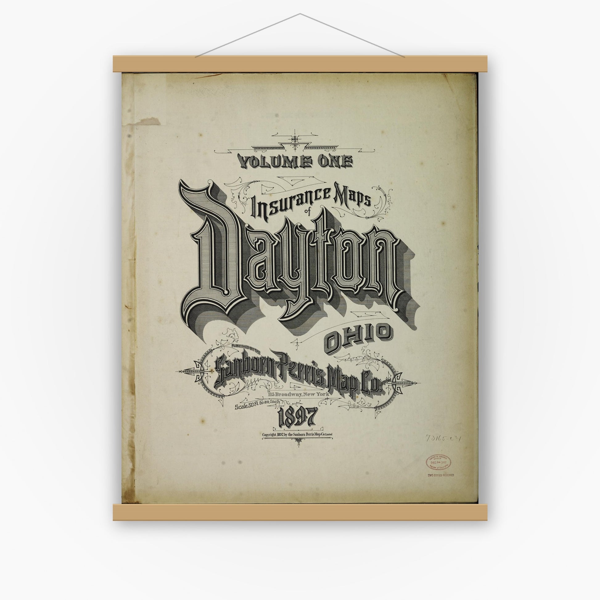 Old map wall art mockup — magnetic wood frame on white wall — Sanborn Fire Insurance Map from Dayton, Montgomery County, Ohio (1897), Sheet #0001