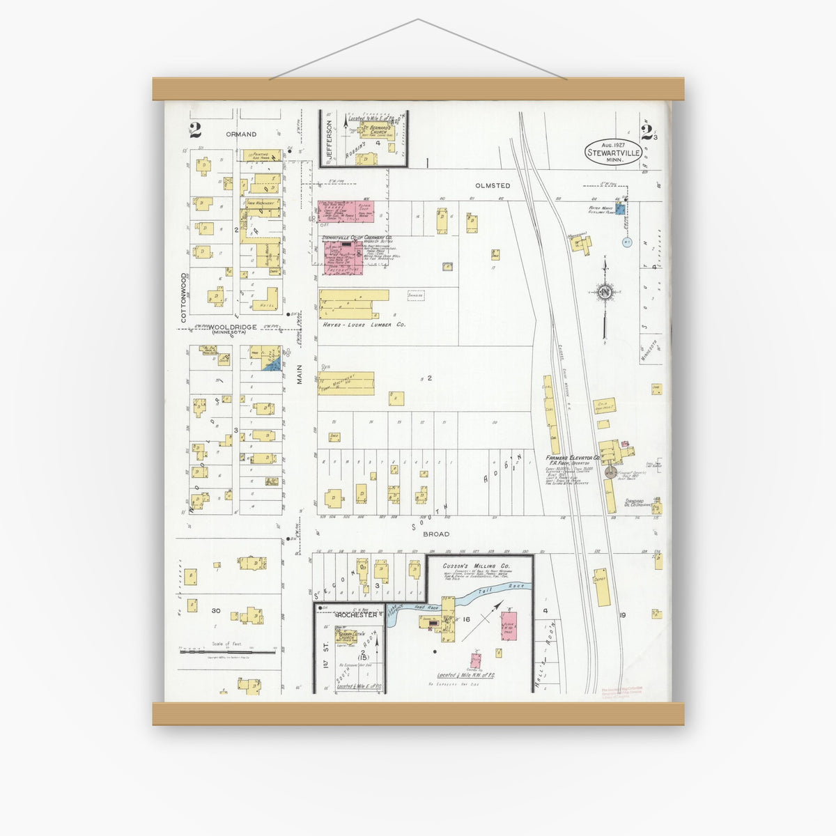 Old map wall art mockup — magnetic wood frame on white wall — Sanborn Fire Insurance Map from Stewartville, Olmsted County, Minnesota (1927), Sheet #0002