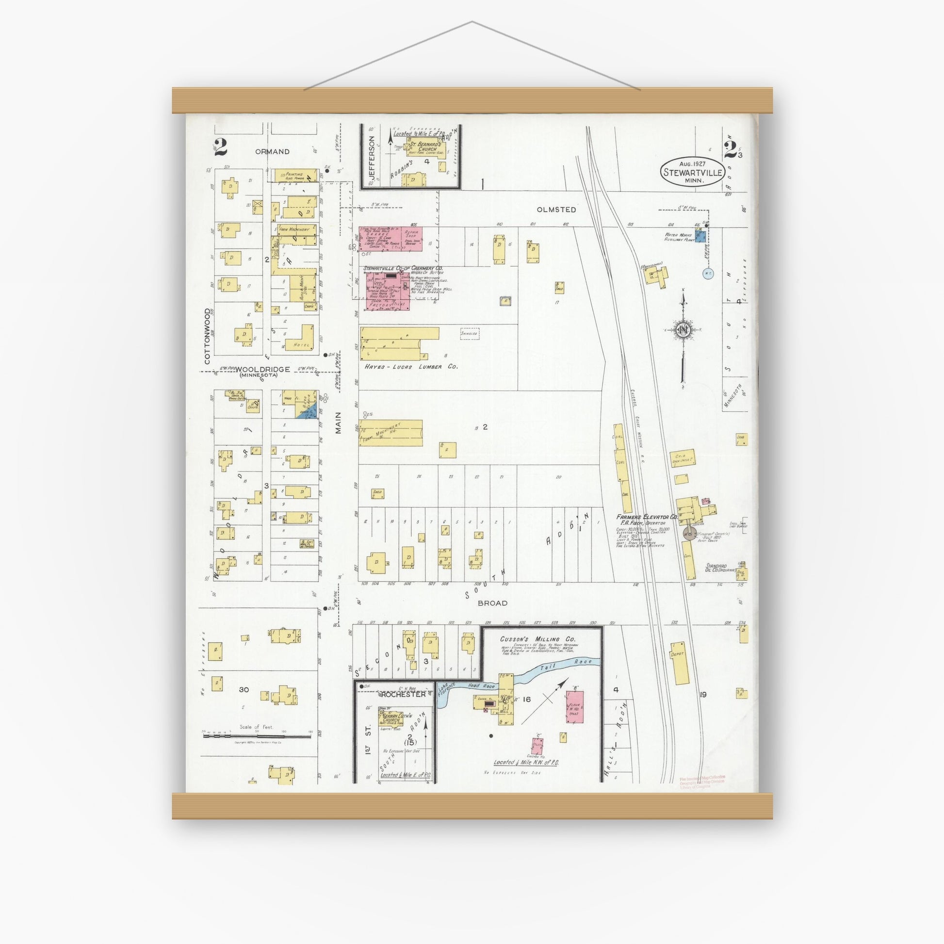 Old map wall art mockup — magnetic wood frame on white wall — Sanborn Fire Insurance Map from Stewartville, Olmsted County, Minnesota (1927), Sheet #0002