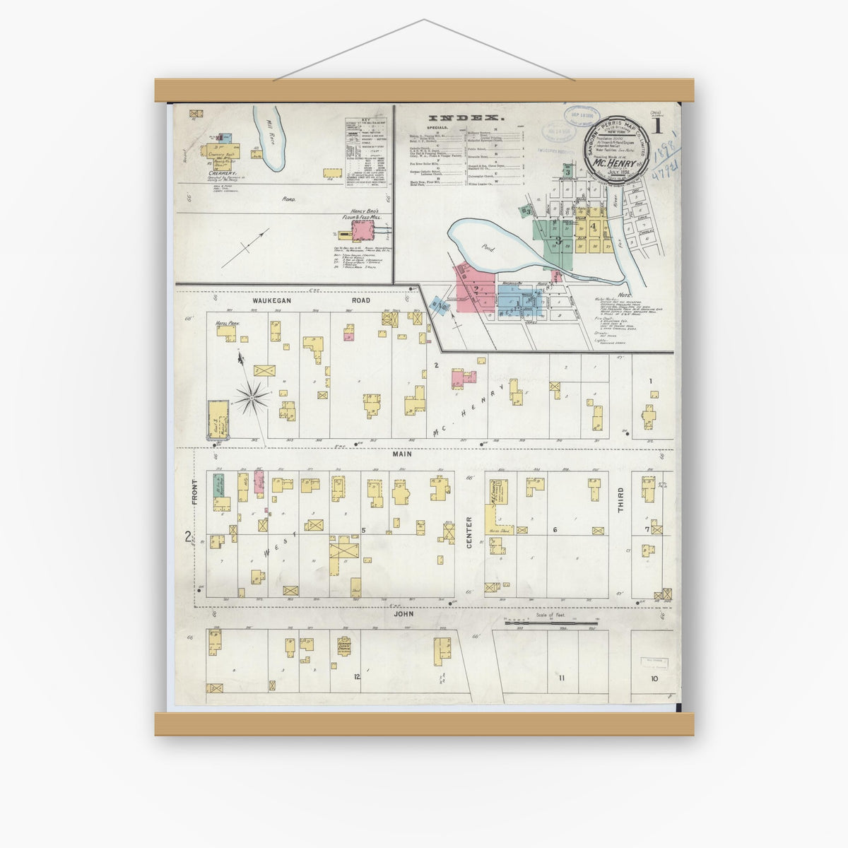 Old map wall art mockup — magnetic wood frame on white wall — Sanborn Fire Insurance Map from McHenry, McHenry County, Illinois (1898) - Complete Map Set