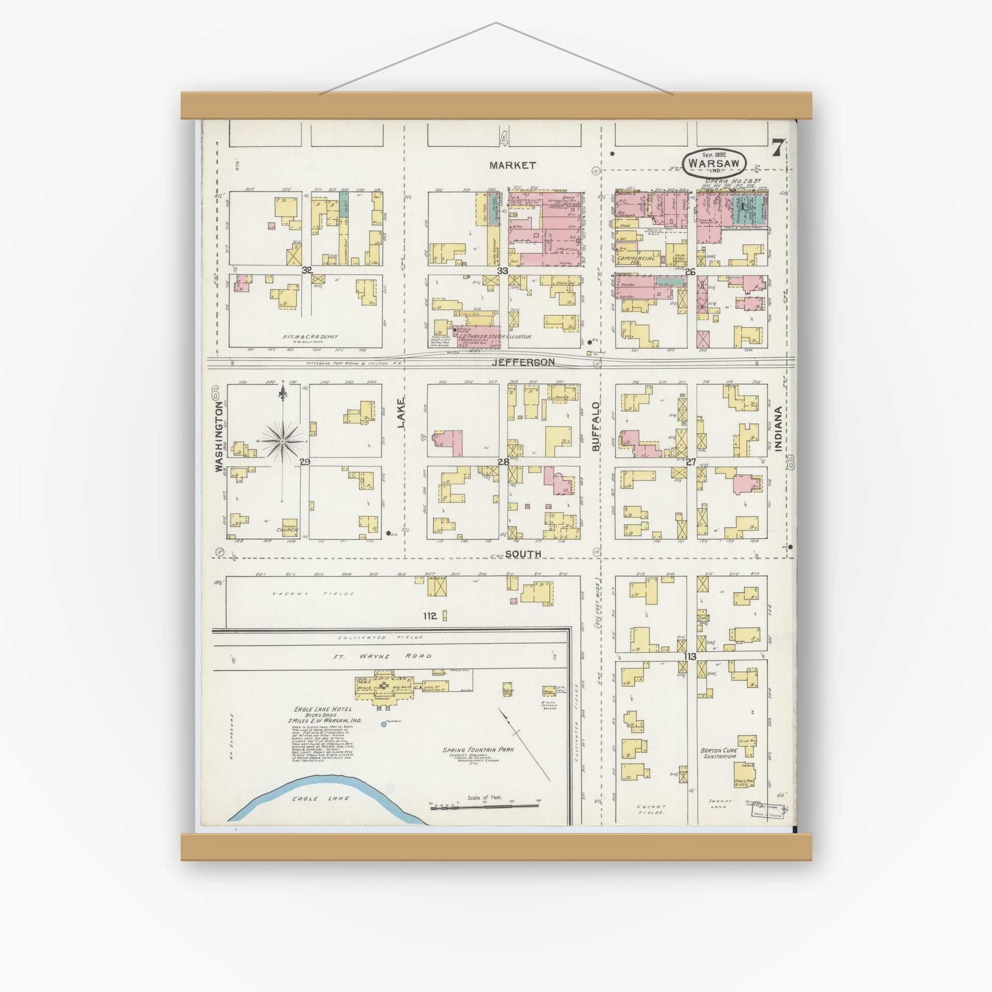 Old map wall art mockup — magnetic wood frame on white wall — Sanborn Fire Insurance Map from Warsaw, Kosciusko County, Indiana (1892), Sheet #0007