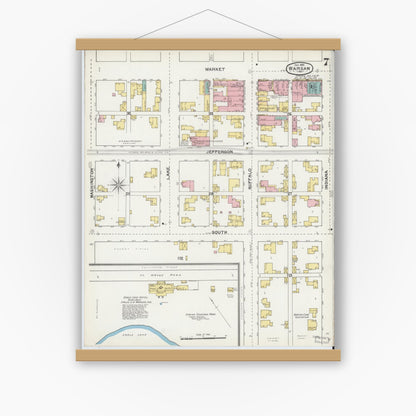 Old map wall art mockup — magnetic wood frame on white wall — Sanborn Fire Insurance Map from Warsaw, Kosciusko County, Indiana (1892), Sheet #0007