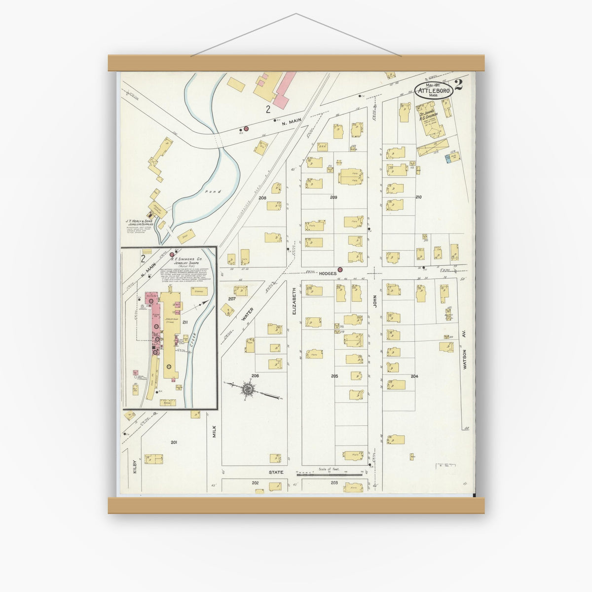 Old map wall art mockup — magnetic wood frame on white wall — Sanborn Fire Insurance Map from Attleboro, Bristol County, Massachusetts (1911) - Complete Map Set