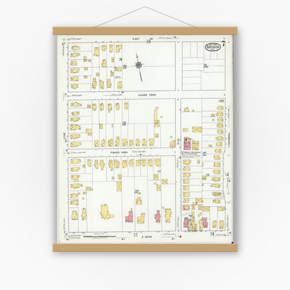 Old map wall art mockup — magnetic wood frame on white wall — Sanborn Fire Insurance Map from Batavia, Genesee County, New York (1919), Sheet #0007