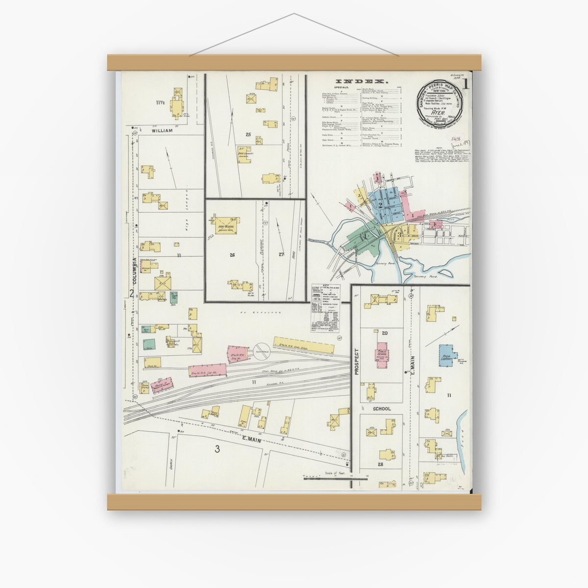 Old map wall art mockup — magnetic wood frame on white wall — Sanborn Fire Insurance Map from Ayer, Middlesex County, Massachusetts (1897), Sheet #0001