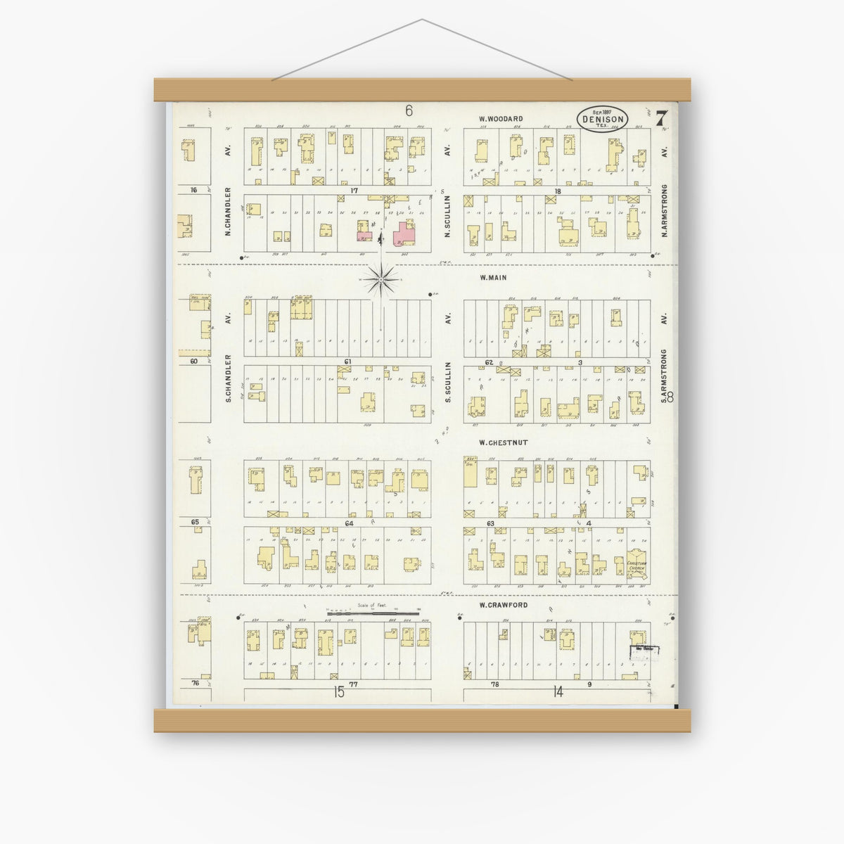 Old map wall art mockup — magnetic wood frame on white wall — Sanborn Fire Insurance Map from Denison, Grayson County, Texas (1897), Sheet #0007