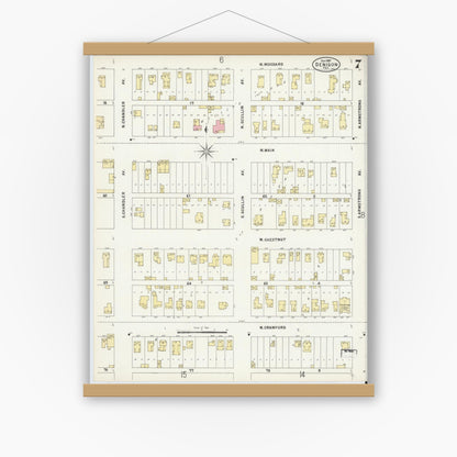 Old map wall art mockup — magnetic wood frame on white wall — Sanborn Fire Insurance Map from Denison, Grayson County, Texas (1897), Sheet #0007