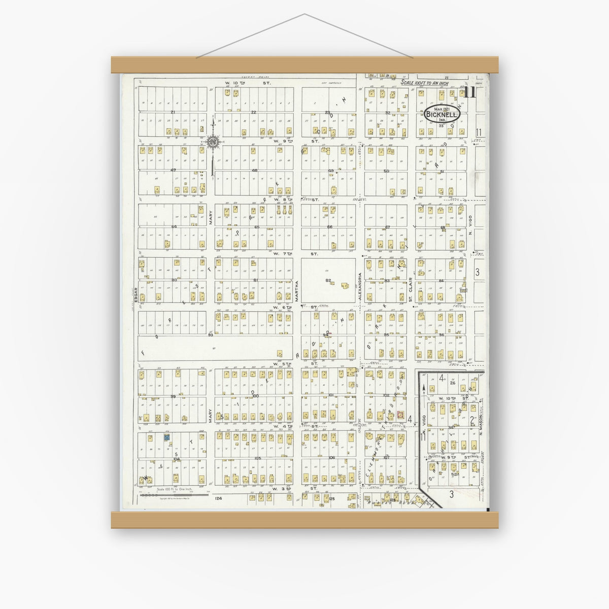 Old map wall art mockup — magnetic wood frame on white wall — Sanborn Fire Insurance Map from Bicknell, Knox County, Indiana (1921), Sheet #0011
