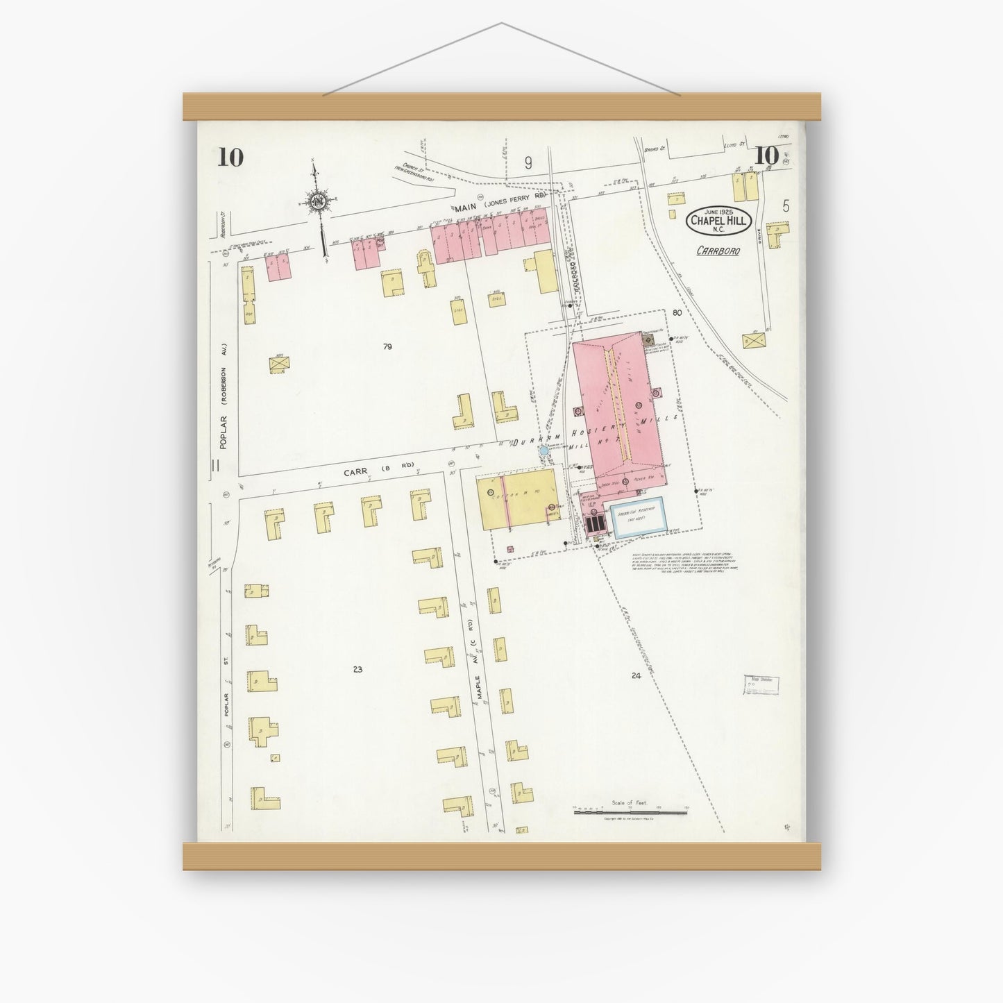 Old map wall art mockup — magnetic wood frame on white wall — Sanborn Fire Insurance Map from Chapel Hill, Orange County, North Carolina (1925), Sheet #0010
