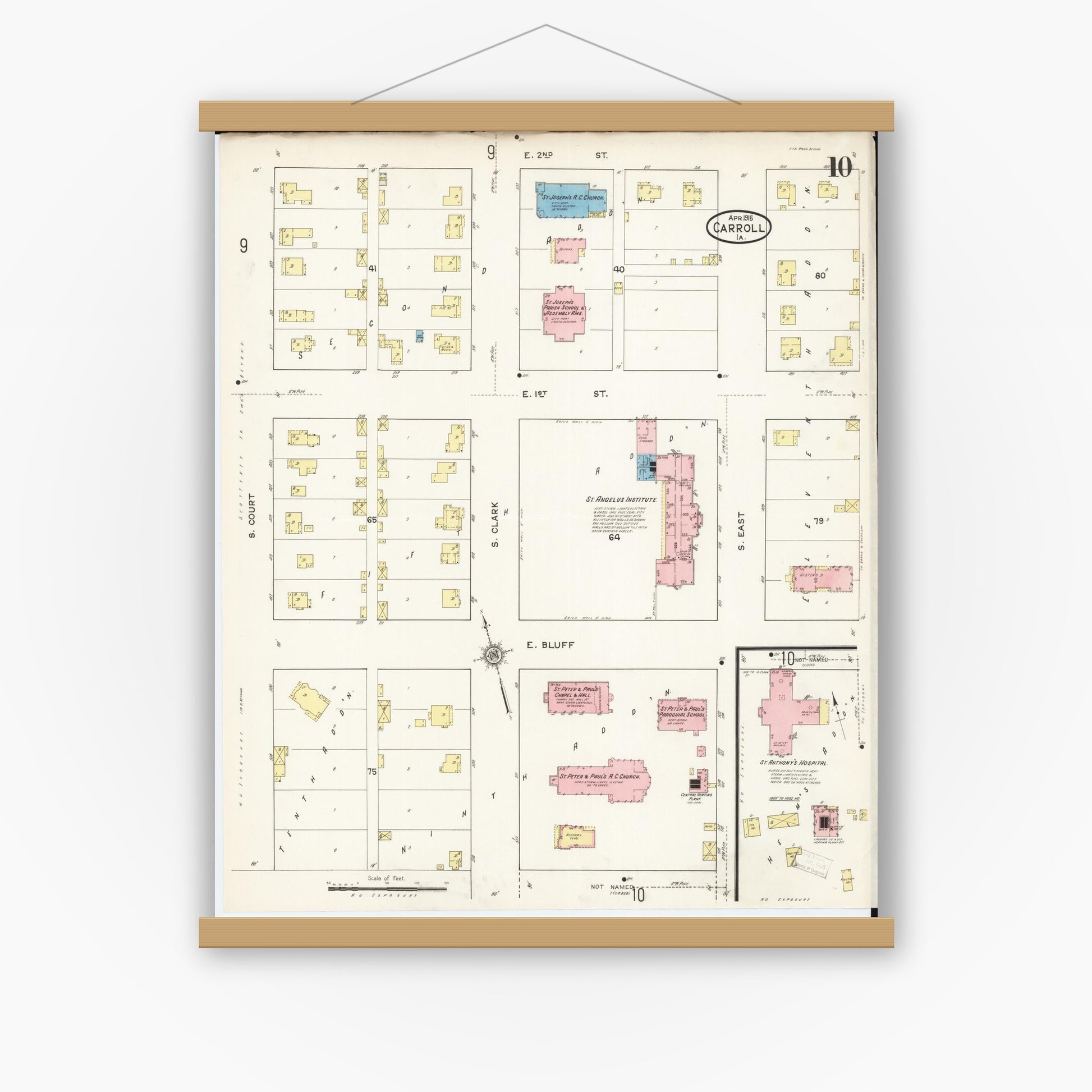 Old map wall art mockup — magnetic wood frame on white wall — Sanborn Fire Insurance Map from Carroll, Carroll County, Iowa (1915), Sheet #0010