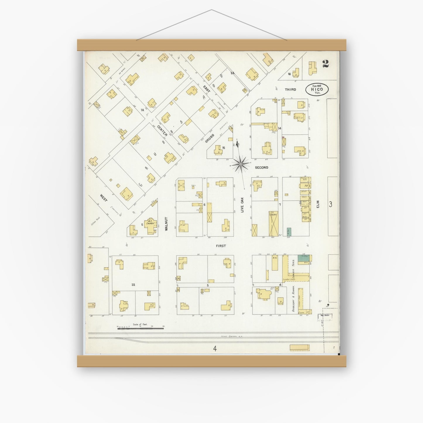 Old map wall art mockup — magnetic wood frame on white wall — Sanborn Fire Insurance Map from Hico, Hamilton County, Texas (1903), Sheet #0002