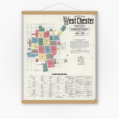Old map wall art mockup — magnetic wood frame on white wall — Sanborn Fire Insurance Map from West Chester, Chester County, Pennsylvania (1909), Sheet #0001