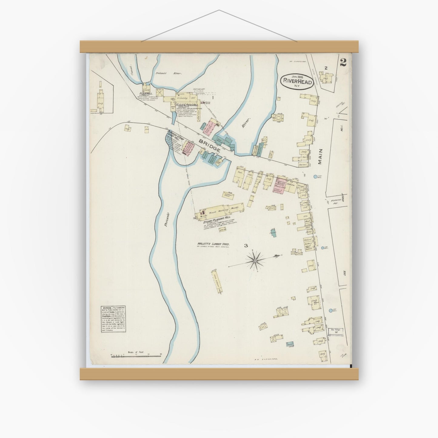 Old map wall art mockup — magnetic wood frame on white wall — Sanborn Fire Insurance Map from Riverhead, Suffolk County, New York (1885), Sheet #0002