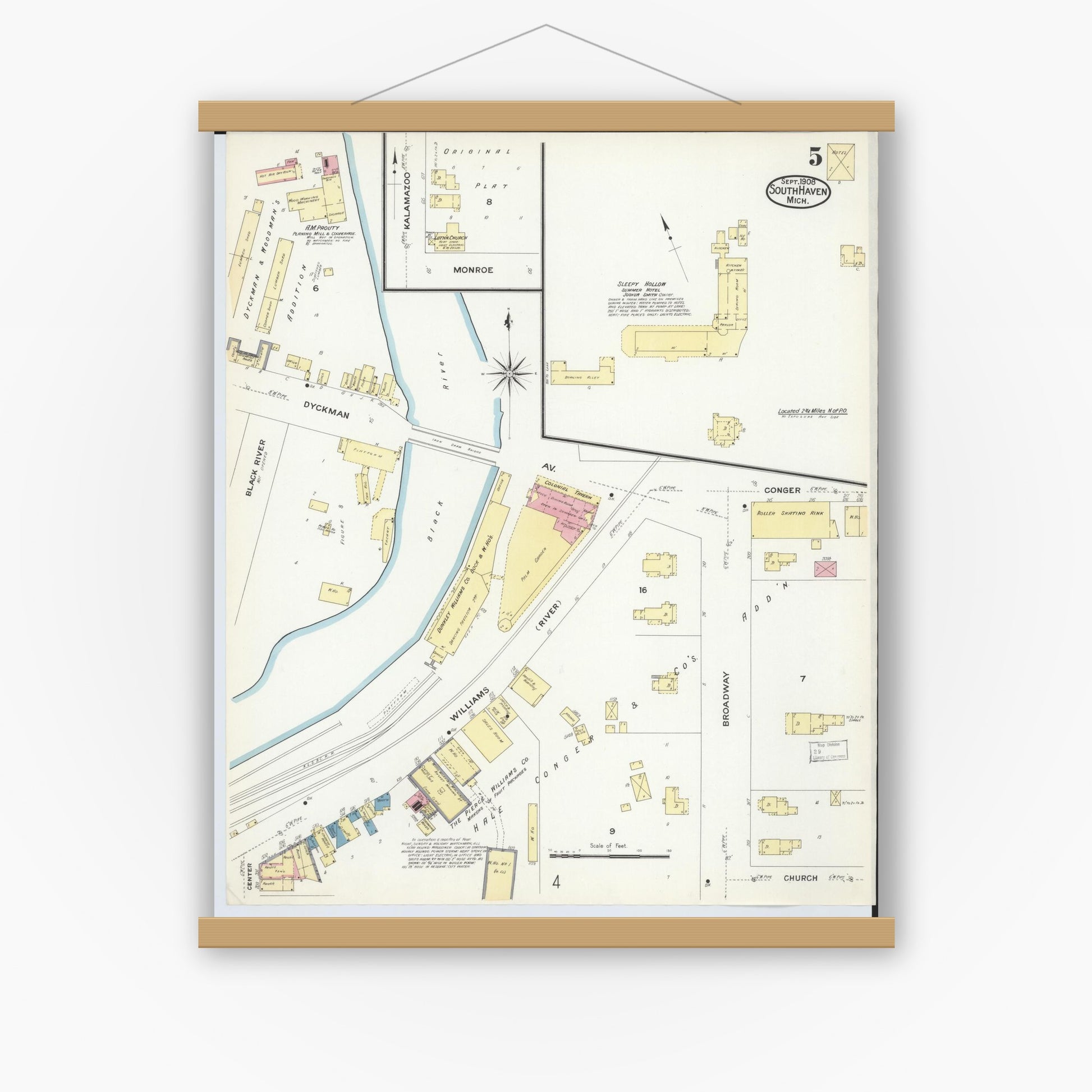 Old map wall art mockup — magnetic wood frame on white wall — Sanborn Fire Insurance Map from South Haven, Van Buren County, Michigan (1908), Sheet #0005