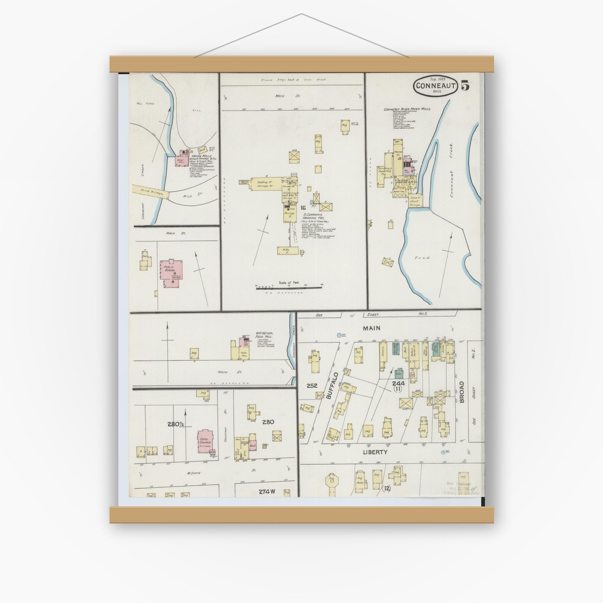 Old map wall art mockup — magnetic wood frame on white wall — Sanborn Fire Insurance Map from Conneaut, Ashtabula County, Ohio (1889), Sheet #0005