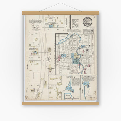 Old map wall art mockup — magnetic wood frame on white wall — Sanborn Fire Insurance Map from Faribault, Rice County, Minnesota (1884), Sheet #0001