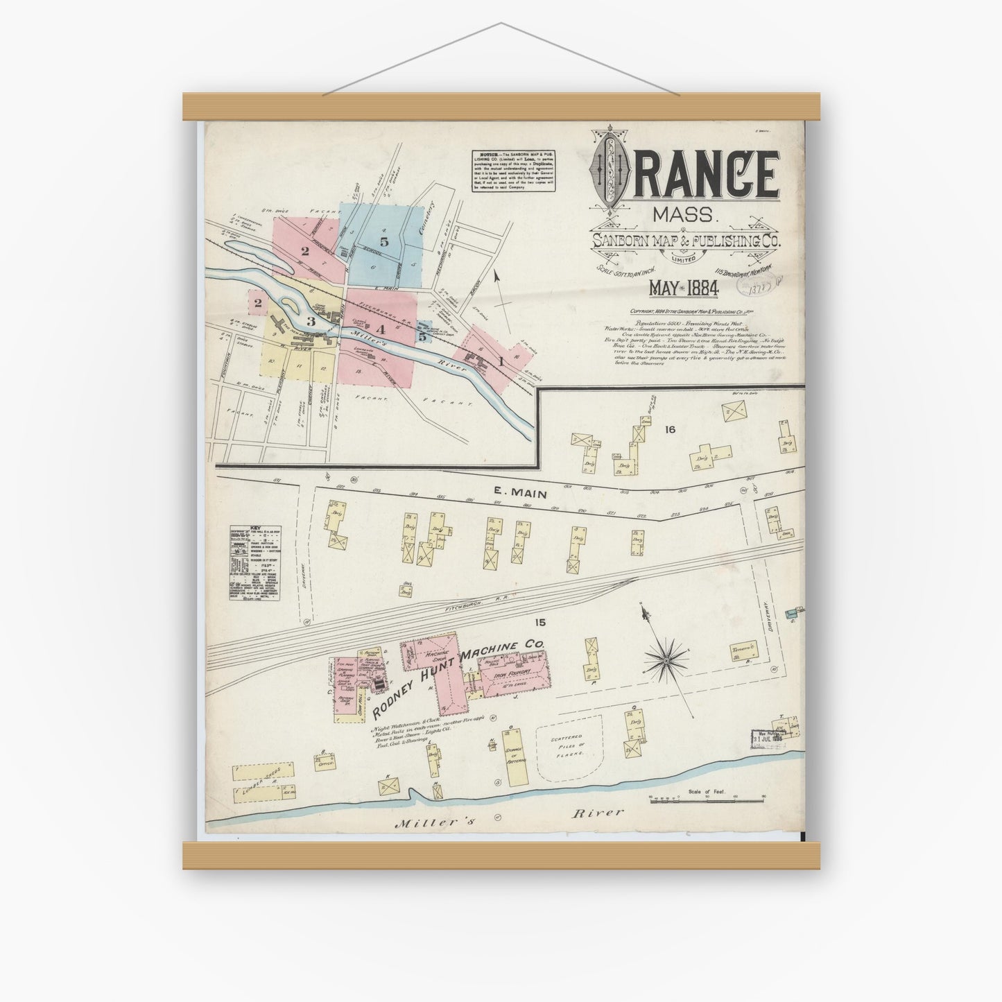 Old map wall art mockup — magnetic wood frame on white wall — Sanborn Fire Insurance Map from Orange, Franklin County, Massachusetts (1884), Sheet #0001