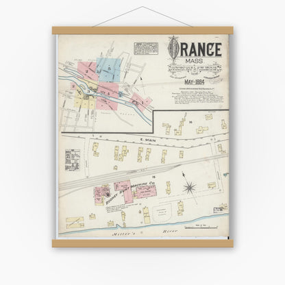 Old map wall art mockup — magnetic wood frame on white wall — Sanborn Fire Insurance Map from Orange, Franklin County, Massachusetts (1884), Sheet #0001