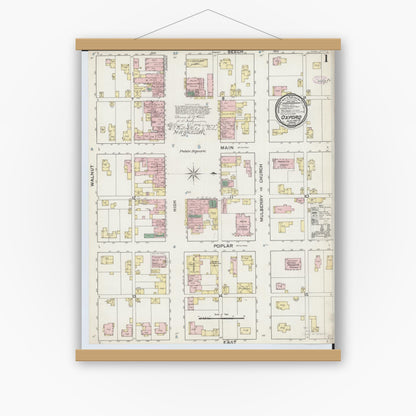 Old map wall art mockup — magnetic wood frame on white wall — Sanborn Fire Insurance Map from Oxford, Butler County, Ohio (1887) - Complete Map Set