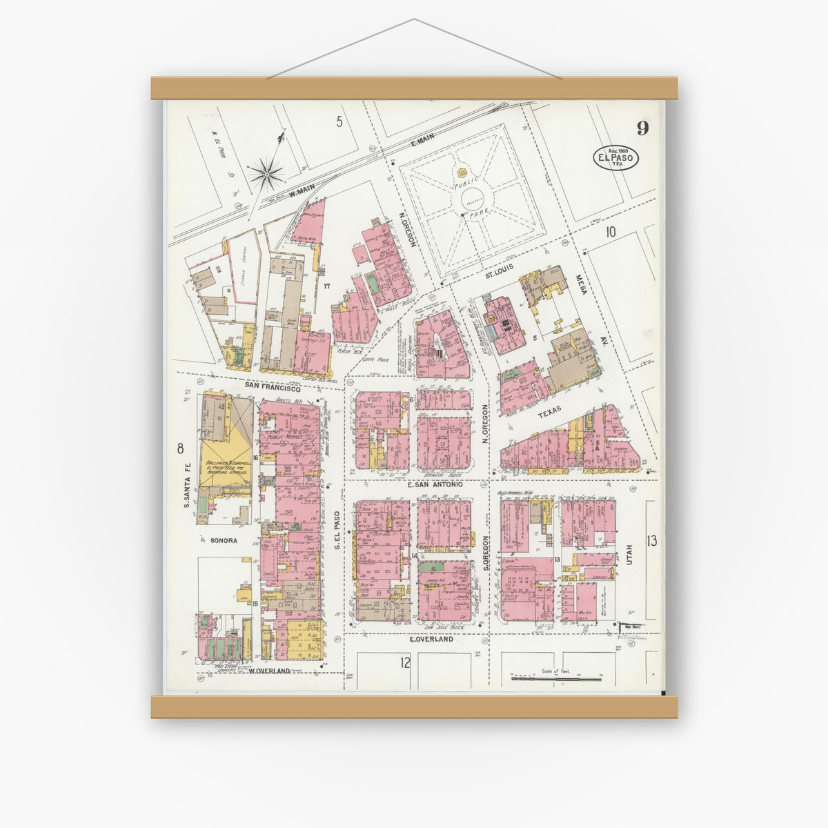 Old map wall art mockup — magnetic wood frame on white wall — Sanborn Fire Insurance Map from El Paso, El Paso County, Texas (1900), Sheet #0009