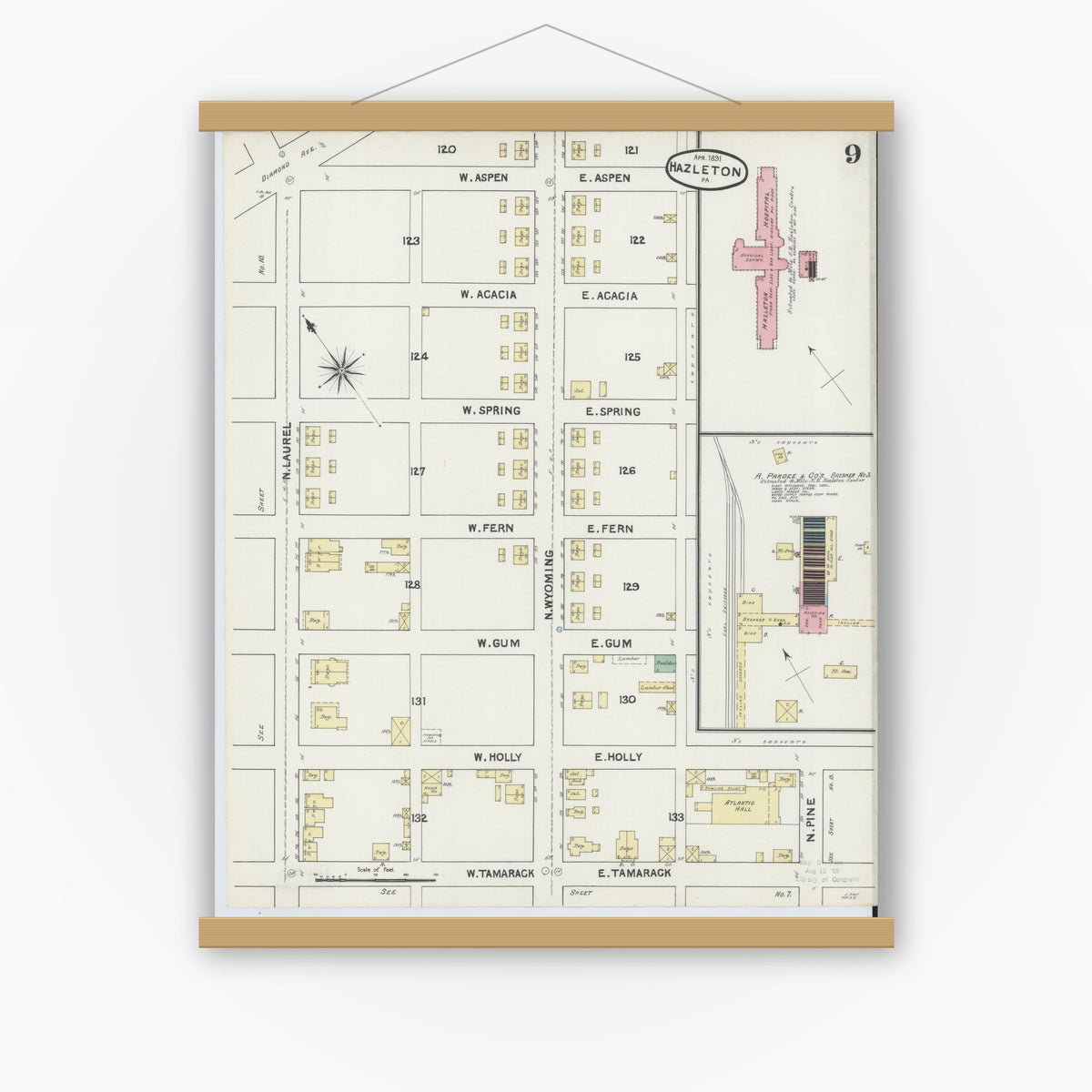 Old map wall art mockup — magnetic wood frame on white wall — Sanborn Fire Insurance Map from Hazleton, Luzerne County, Pennsylvania (1891), Sheet #0009