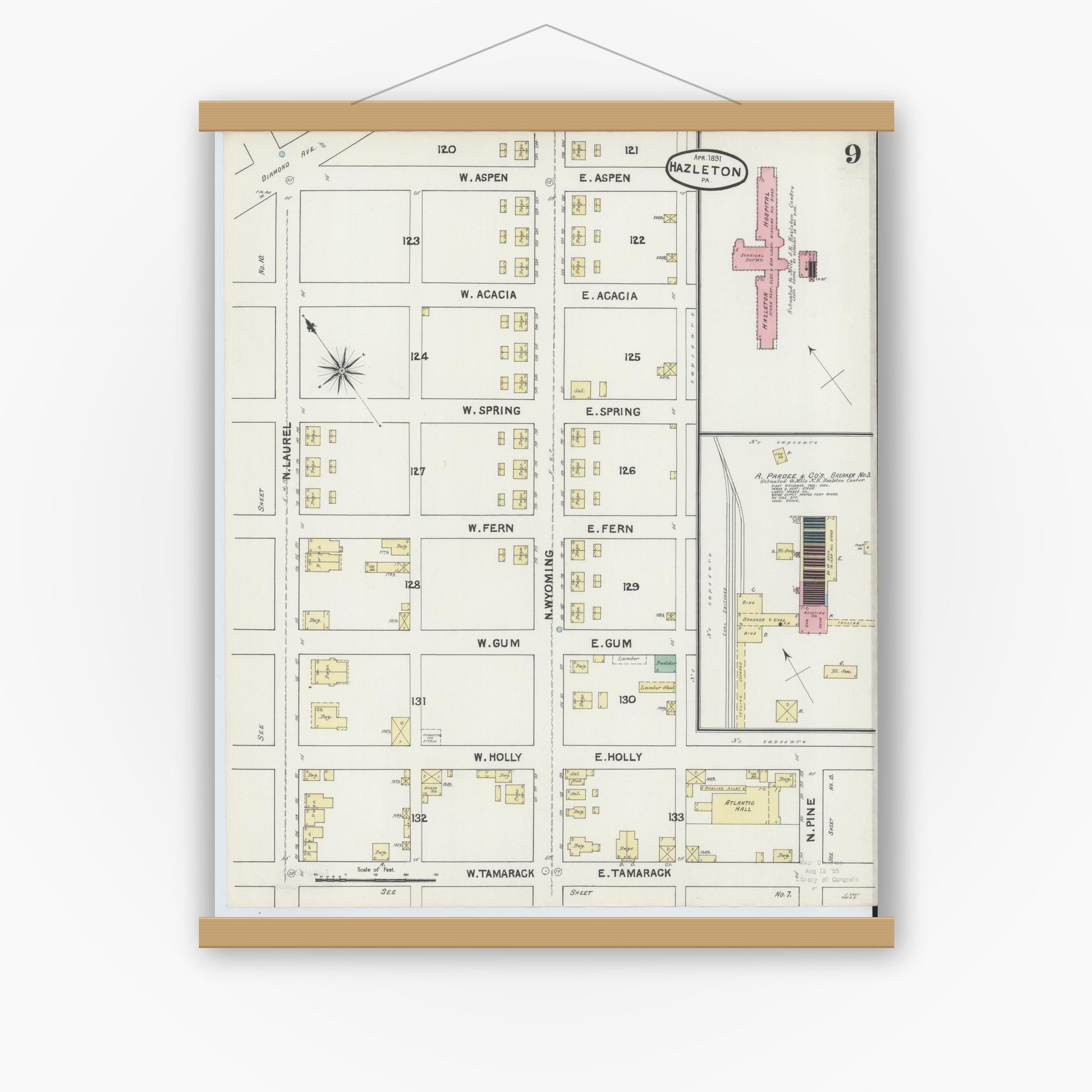Old map wall art mockup — magnetic wood frame on white wall — Sanborn Fire Insurance Map from Hazleton, Luzerne County, Pennsylvania (1891), Sheet #0009