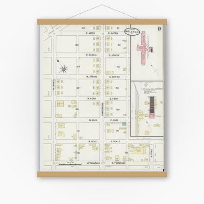 Old map wall art mockup — magnetic wood frame on white wall — Sanborn Fire Insurance Map from Hazleton, Luzerne County, Pennsylvania (1891), Sheet #0009