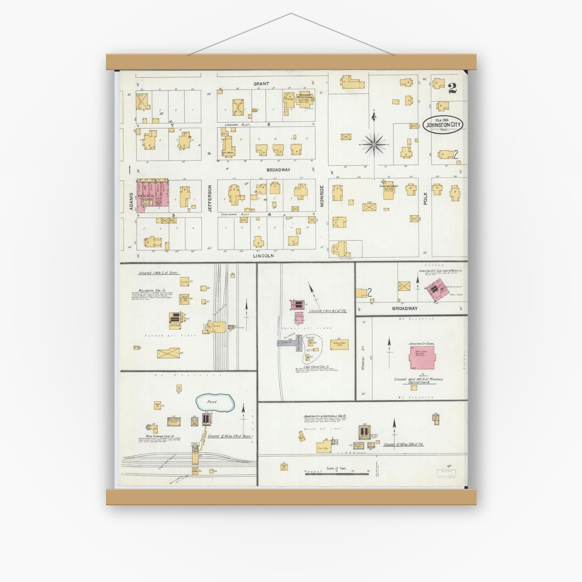 Old map wall art mockup — magnetic wood frame on white wall — Sanborn Fire Insurance Map from Johnston City, Williamson County, Illinois (1906), Sheet #0002