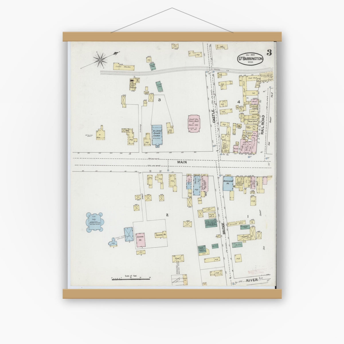 Old map wall art mockup — magnetic wood frame on white wall — Sanborn Fire Insurance Map from Great Barrington, Berkshire County, Massachusetts (1889), Sheet #0003