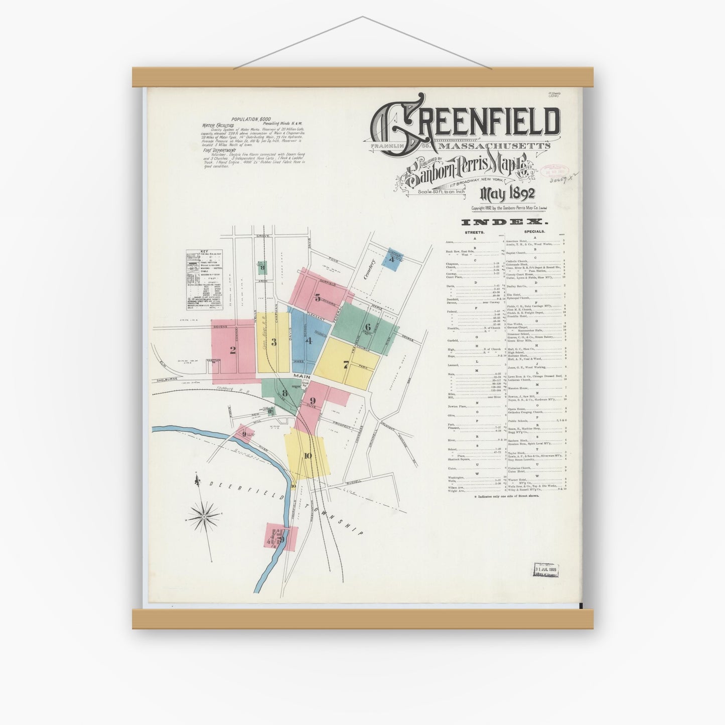 Old map wall art mockup — magnetic wood frame on white wall — Sanborn Fire Insurance Map from Greenfield, Franklin County, Massachusetts (1892), Sheet #0001