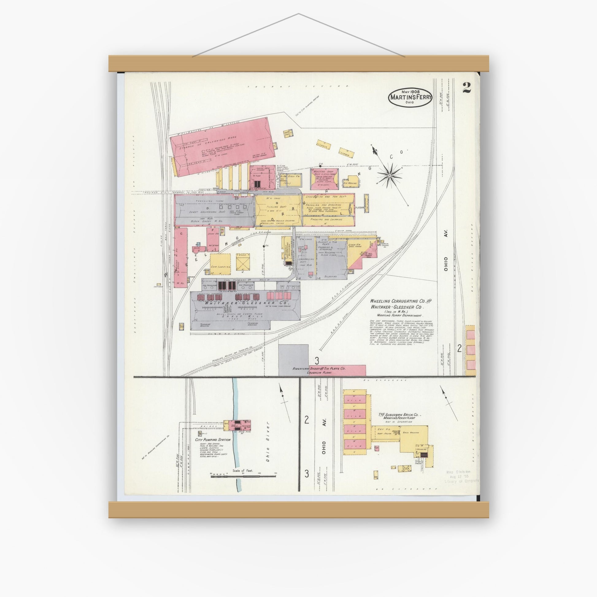 Old map wall art mockup — magnetic wood frame on white wall — Sanborn Fire Insurance Map from Martins Ferry, Belmont County, Ohio (1908), Sheet #0002