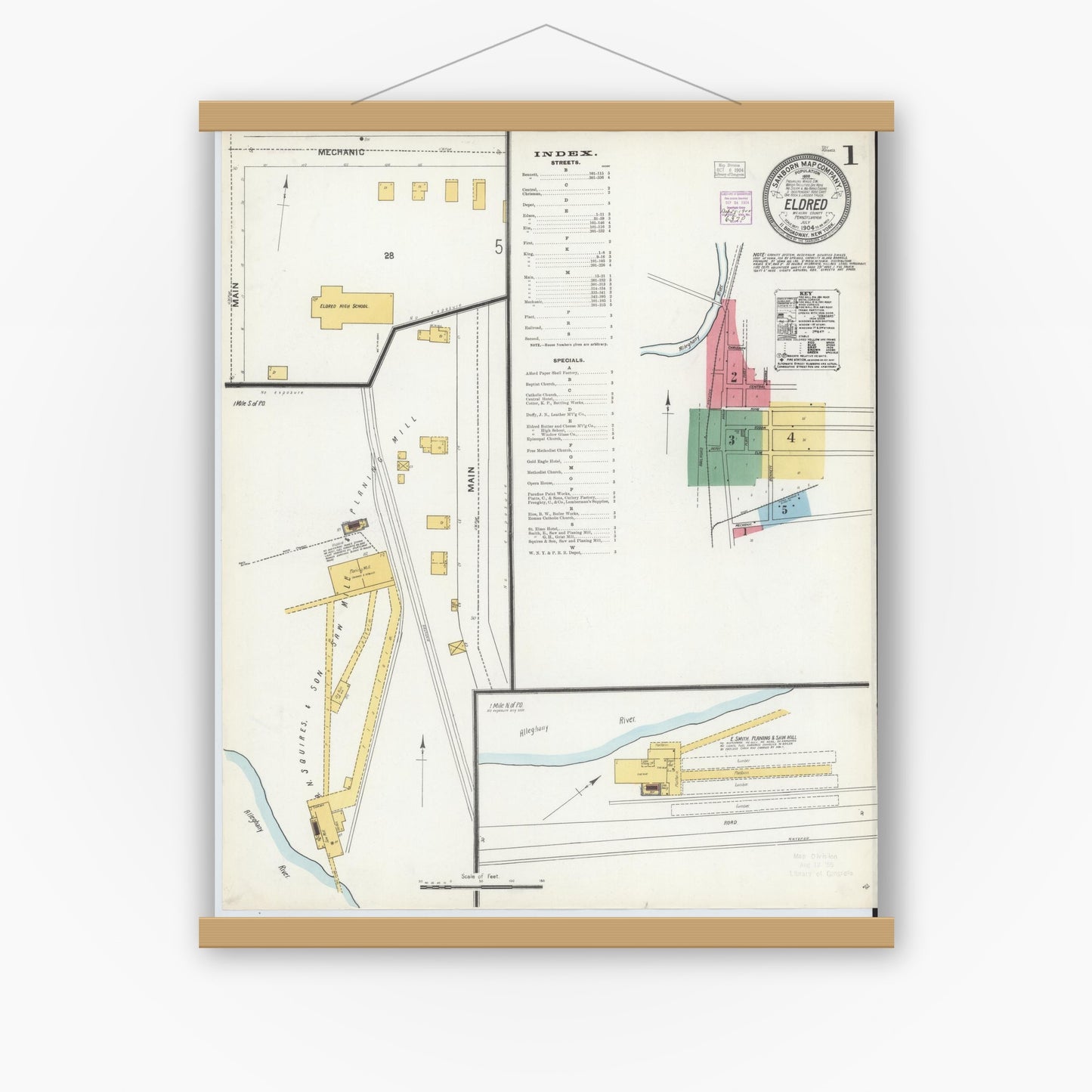 Old map wall art mockup — magnetic wood frame on white wall — Sanborn Fire Insurance Map from Eldred, McKean County, Pennsylvania (1904) - Complete Map Set