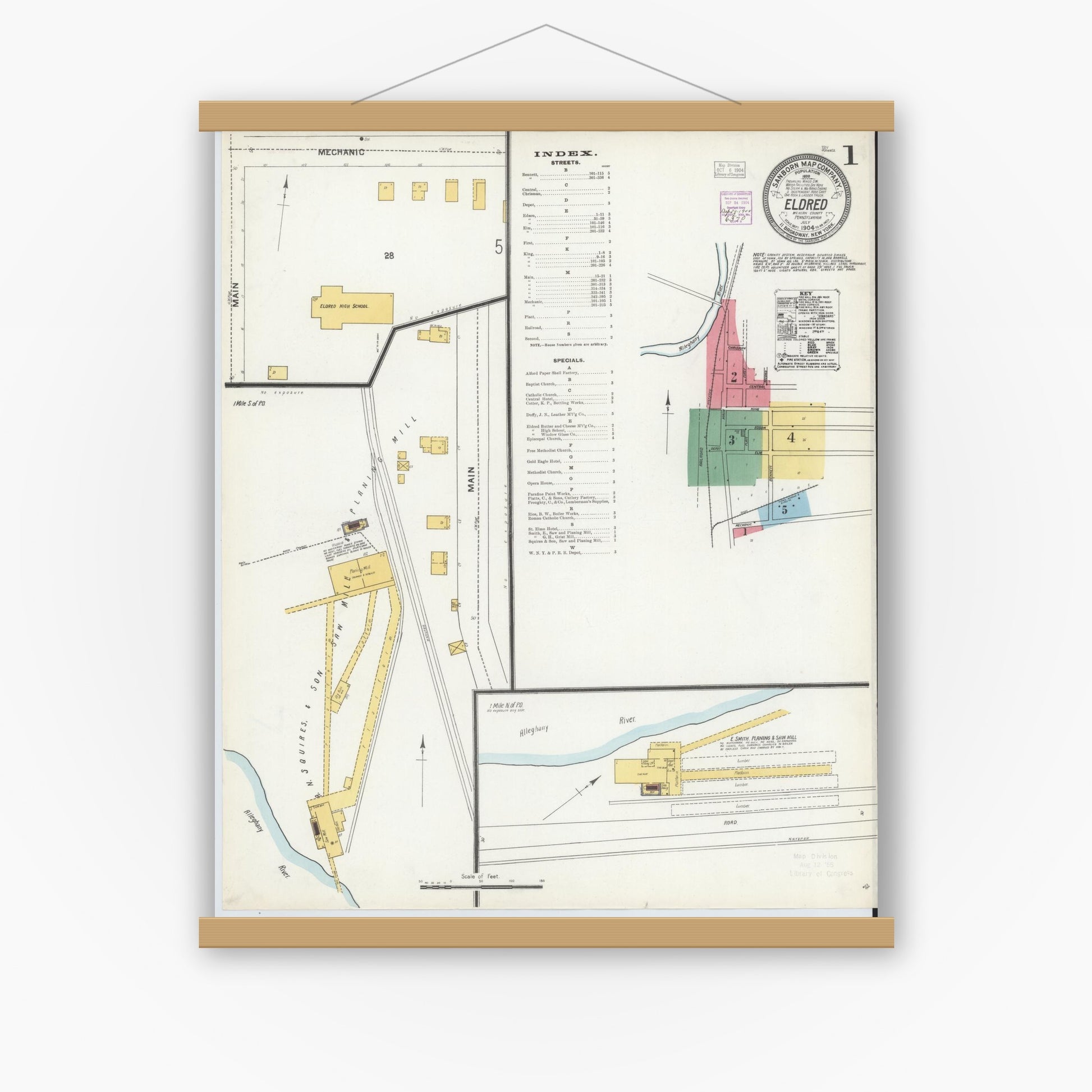 Old map wall art mockup — magnetic wood frame on white wall — Sanborn Fire Insurance Map from Eldred, McKean County, Pennsylvania (1904) - Complete Map Set