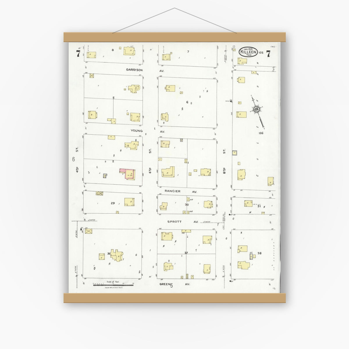 Old map wall art mockup — magnetic wood frame on white wall — Sanborn Fire Insurance Map from Killeen, Bell County, Texas (1926), Sheet #0007